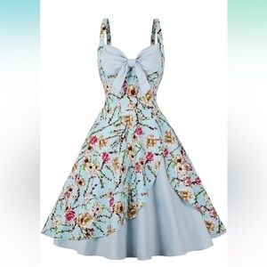 Vintage Inspired Floral Halter Dress | Light Blue A-Line Swing Dress with Bow